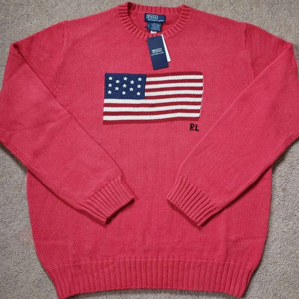 NWT Polo Ralph Lauren Iconic Flag Size XL Unisex USA Made Topaz Red Sweater